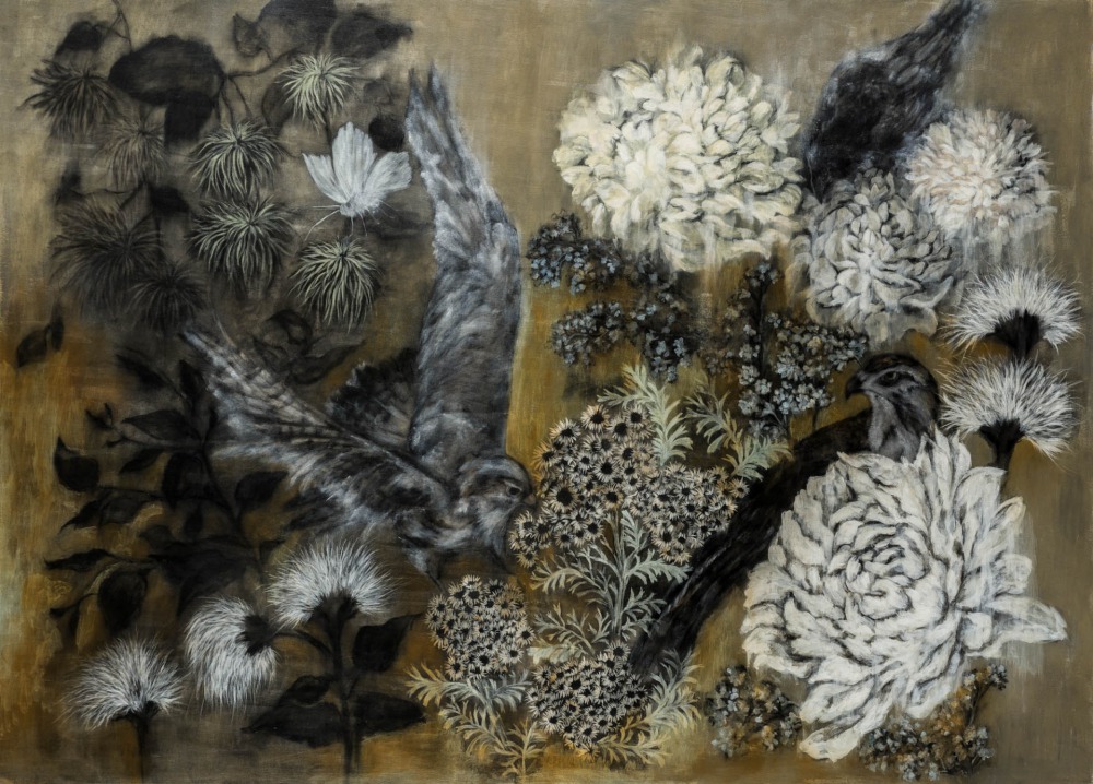 林瑩真_花戰_79x110cm_炭精筆、色粉、壓克力彩於手工紙_2024