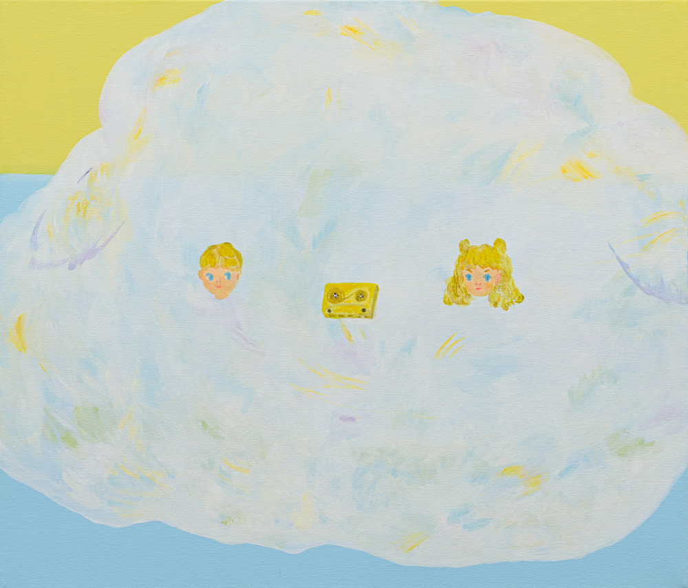 李佩姍_雲狀小狗_壓克力顏料、畫布、紗_45x53cm_2025