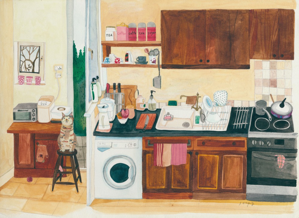 湯舒皮 Judy mom’s Kitchen 24x32cm水彩、色鉛筆 2022<br />
