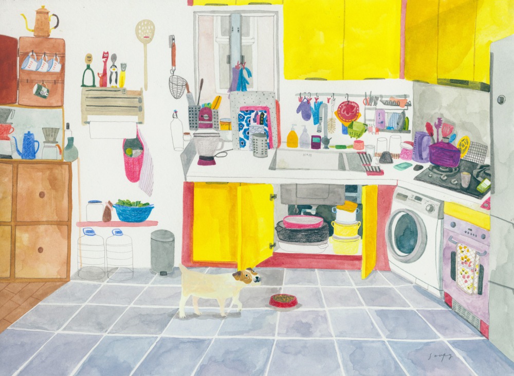 湯舒皮 June’s Kitchen 24x32cm水彩、色鉛筆 2022<br />
